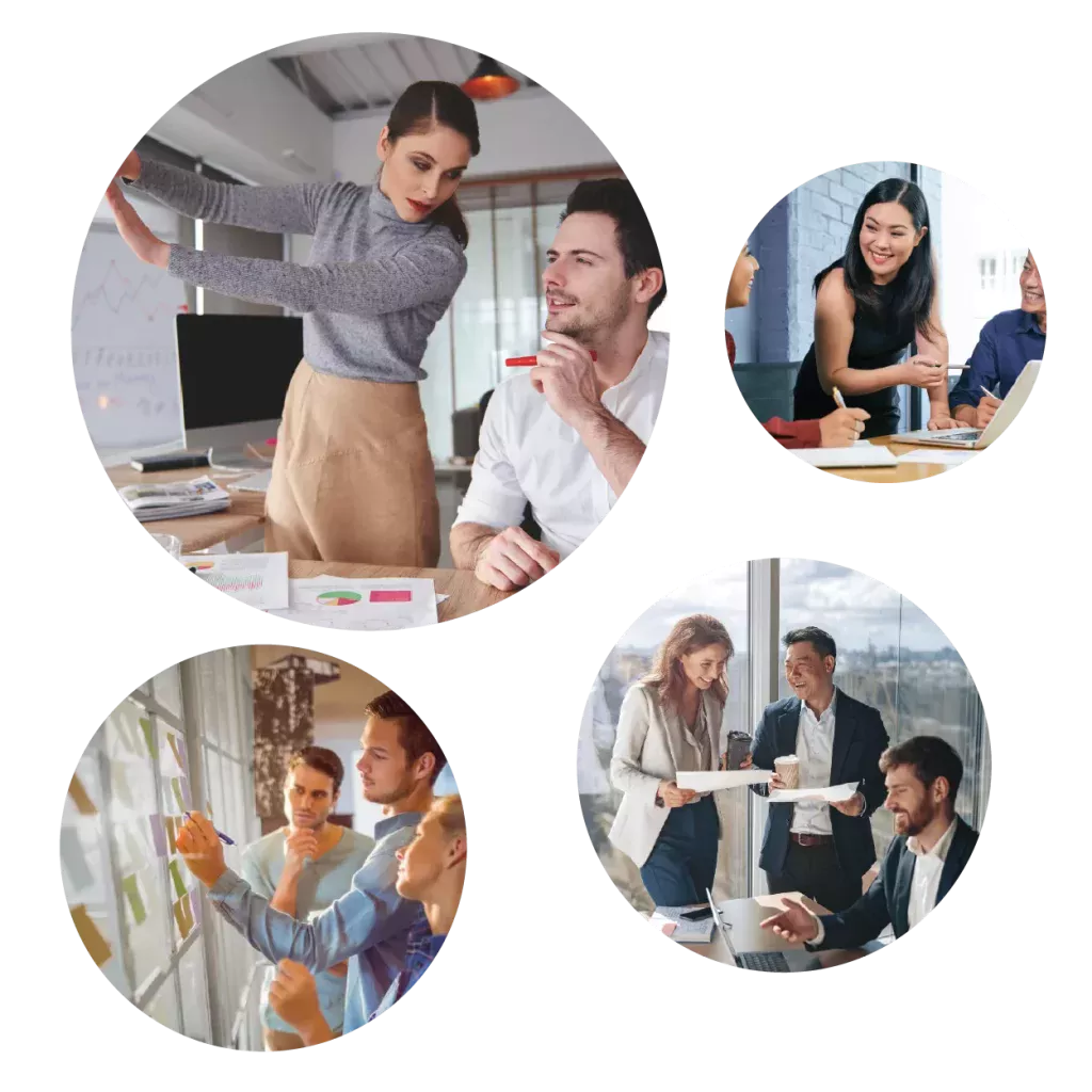 There are 4 pictures in this image. All images are about team working and brainstorming in modern offices